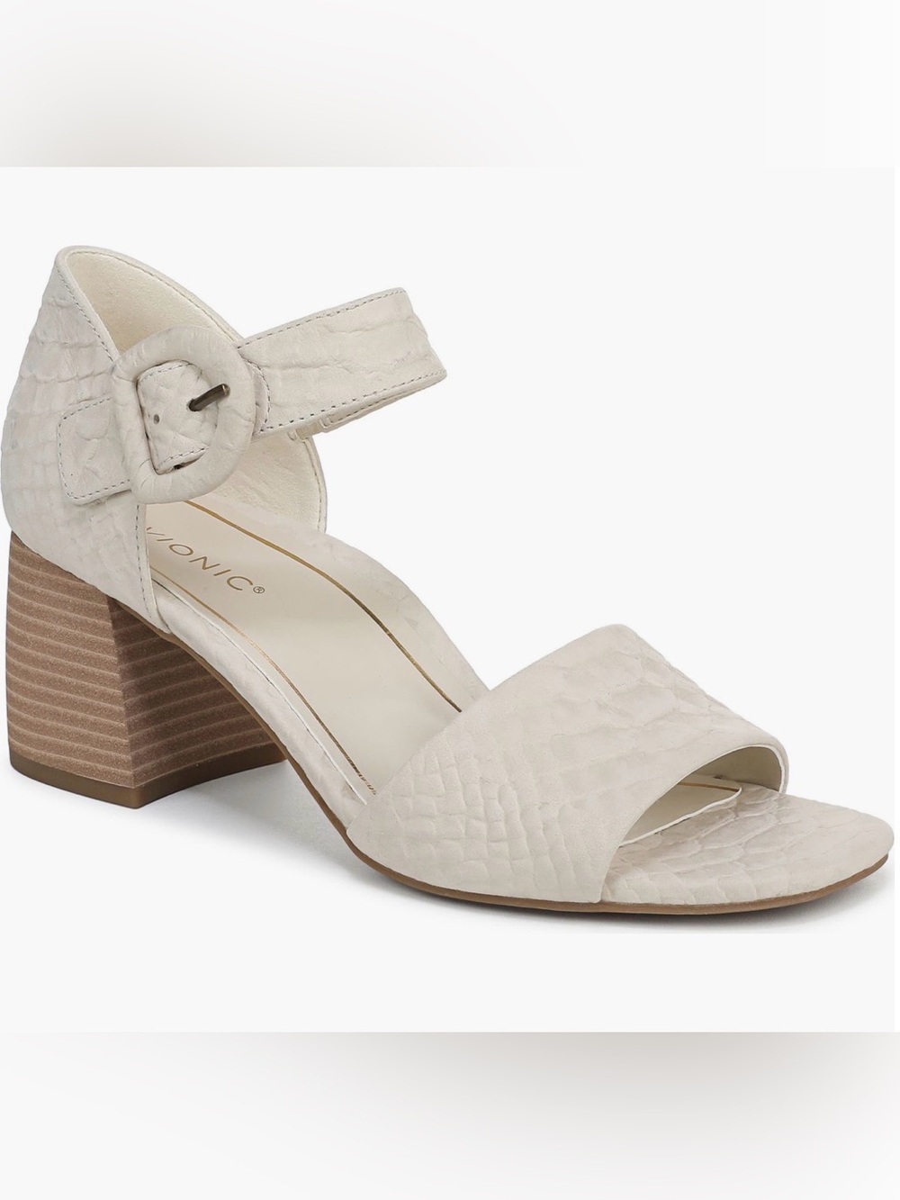 Vionic Chardonnay Snake Block Heel Sandals Ankle Strap Leather 10W Wide NEW 3290
